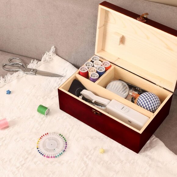 Handheld Sewing Machine, with Elegant Wooden Sewing Box and 153-Piece Sewing Kit - Picture 2 of 7